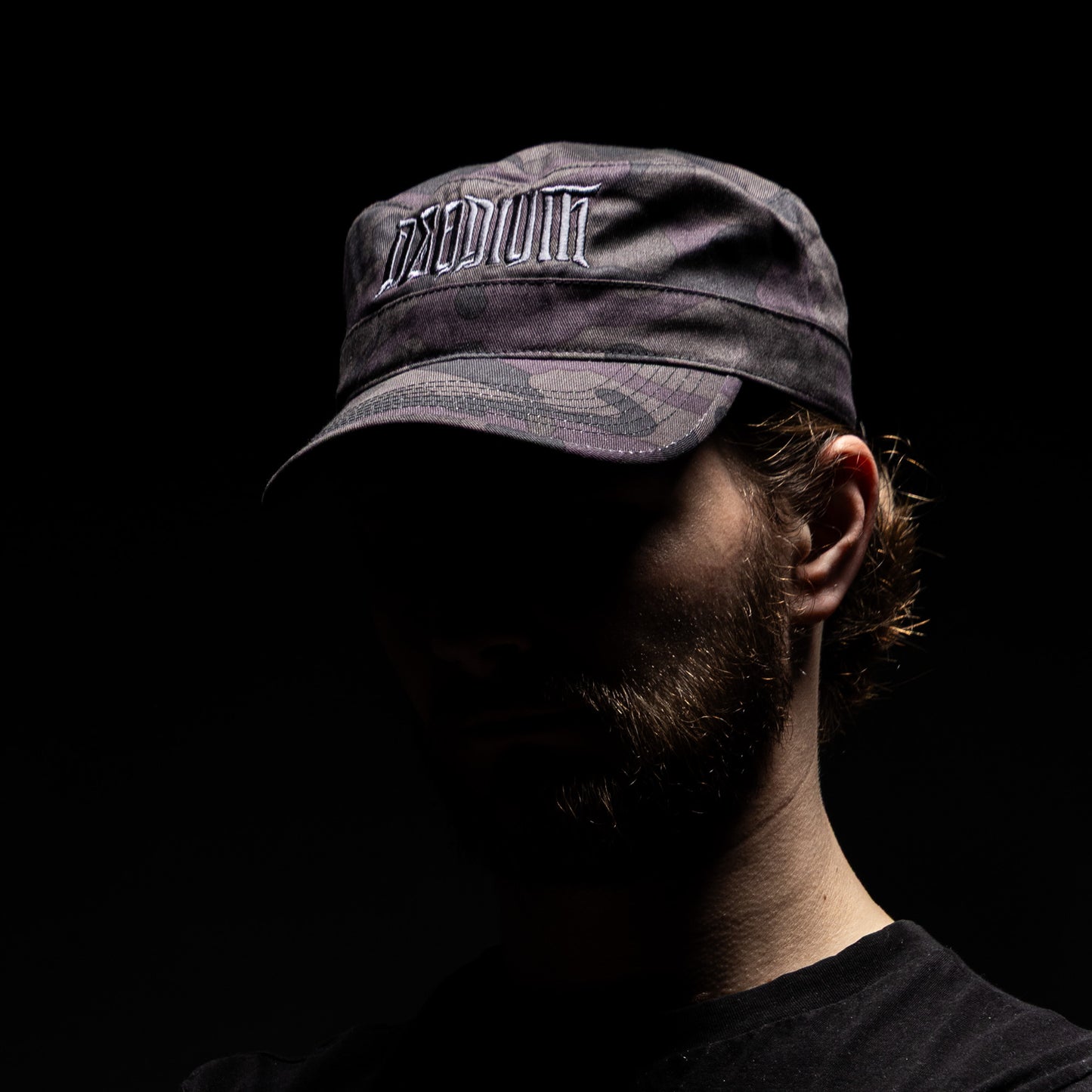 Cap - military style midnight camo with purple stitch
